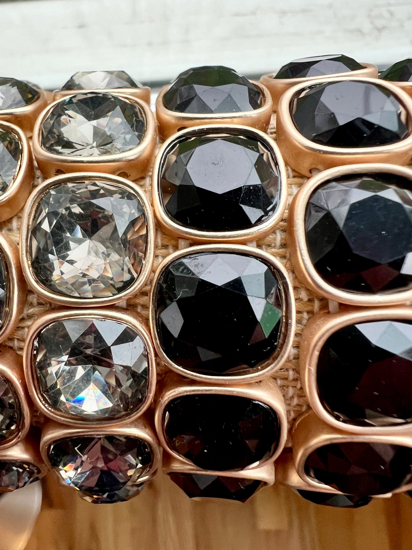 Black Diamond Squared Crystal and Gold Stretch Bracelet