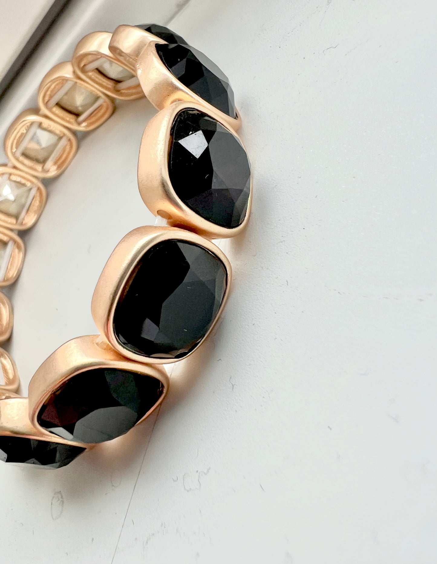 Black Diamond Squared Crystal and Gold Stretch Bracelet