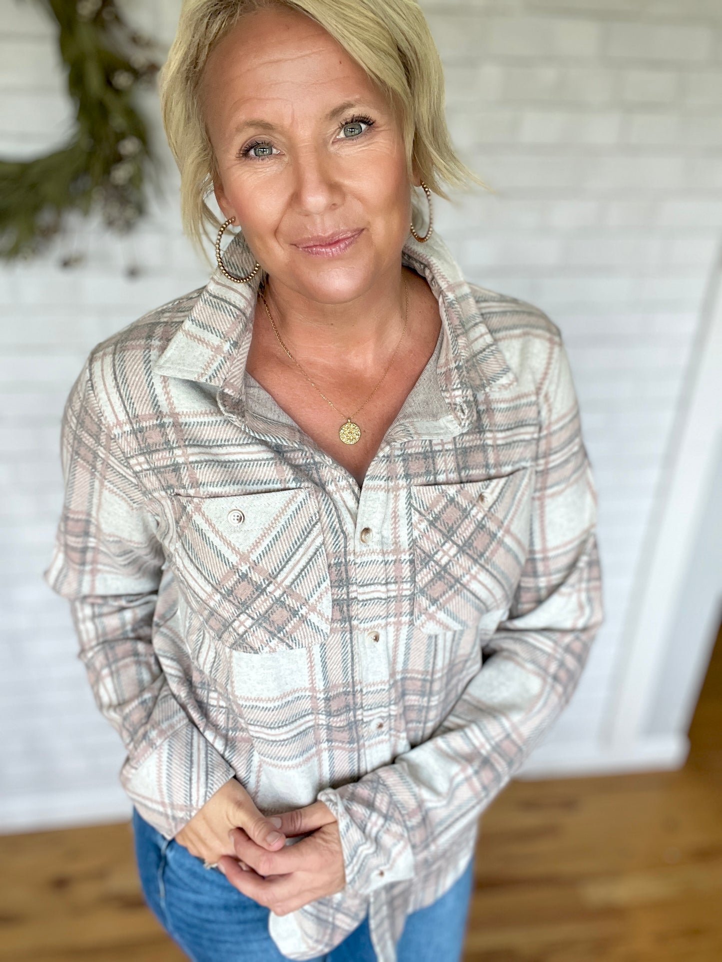 Super Soft Button Up - Pink, Grey, & Tan