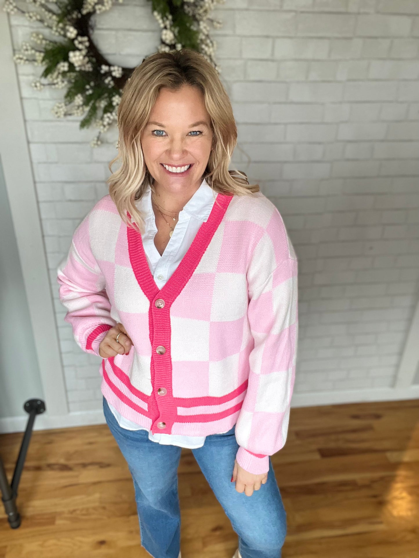 Pink Large Checked Cardi