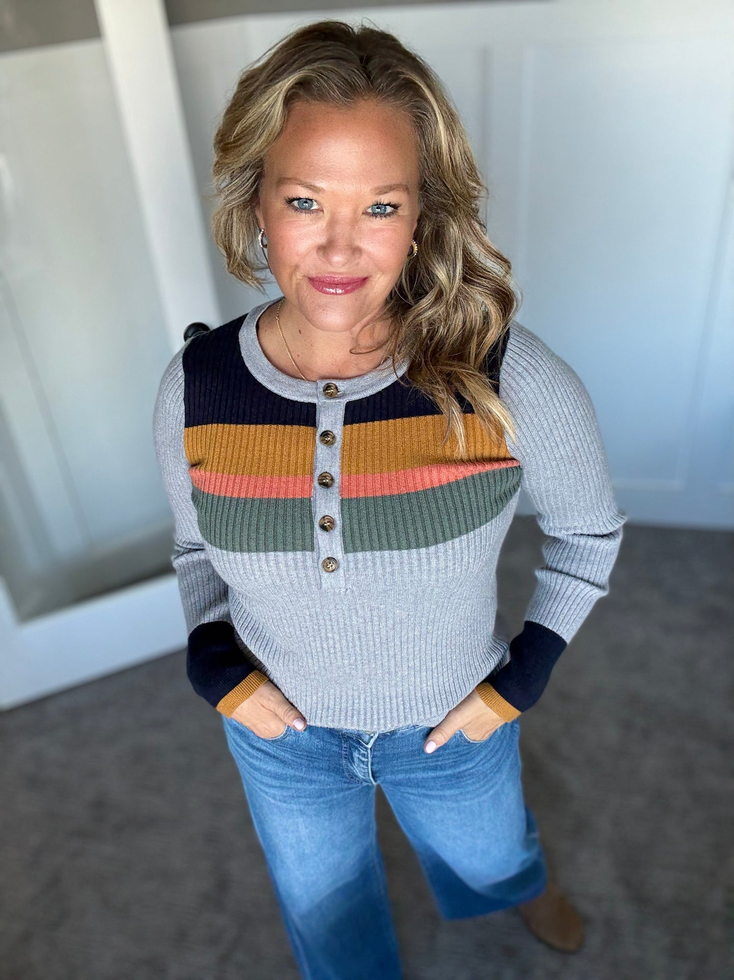 Color Block Ribbed Henley Sweater Top