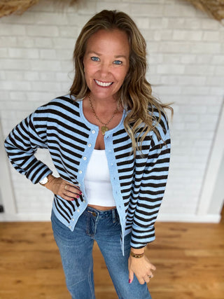 Dover Cardigan- Blue Brown Stripe