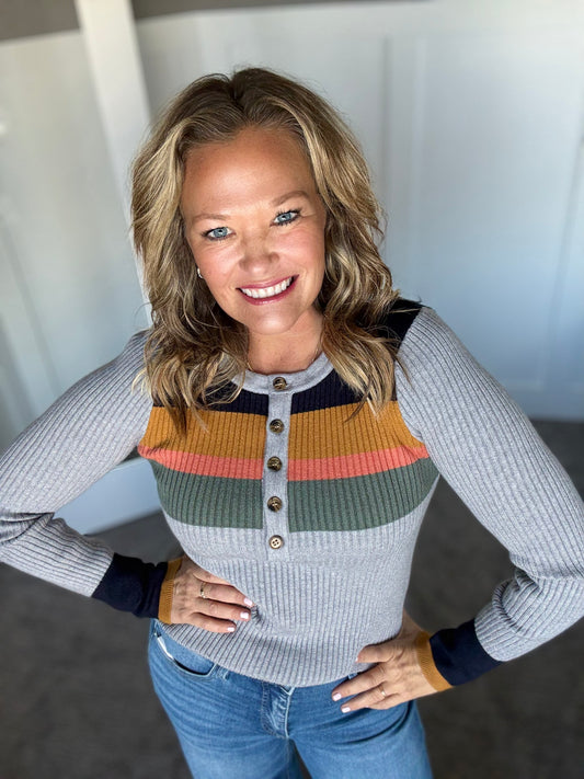 Color Block Ribbed Henley Sweater Top