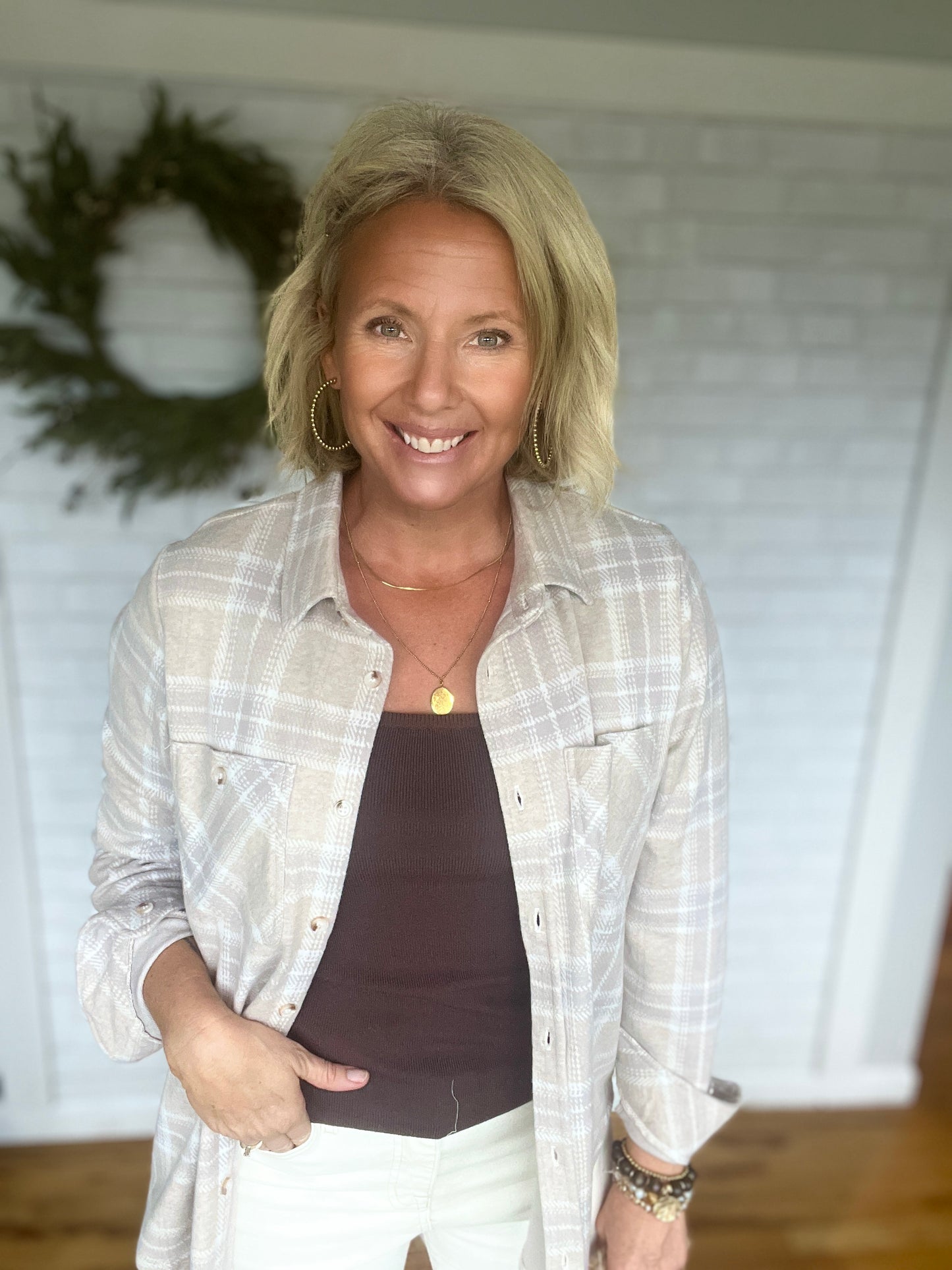 Super Soft Button Up - Tan, Mauve, & White