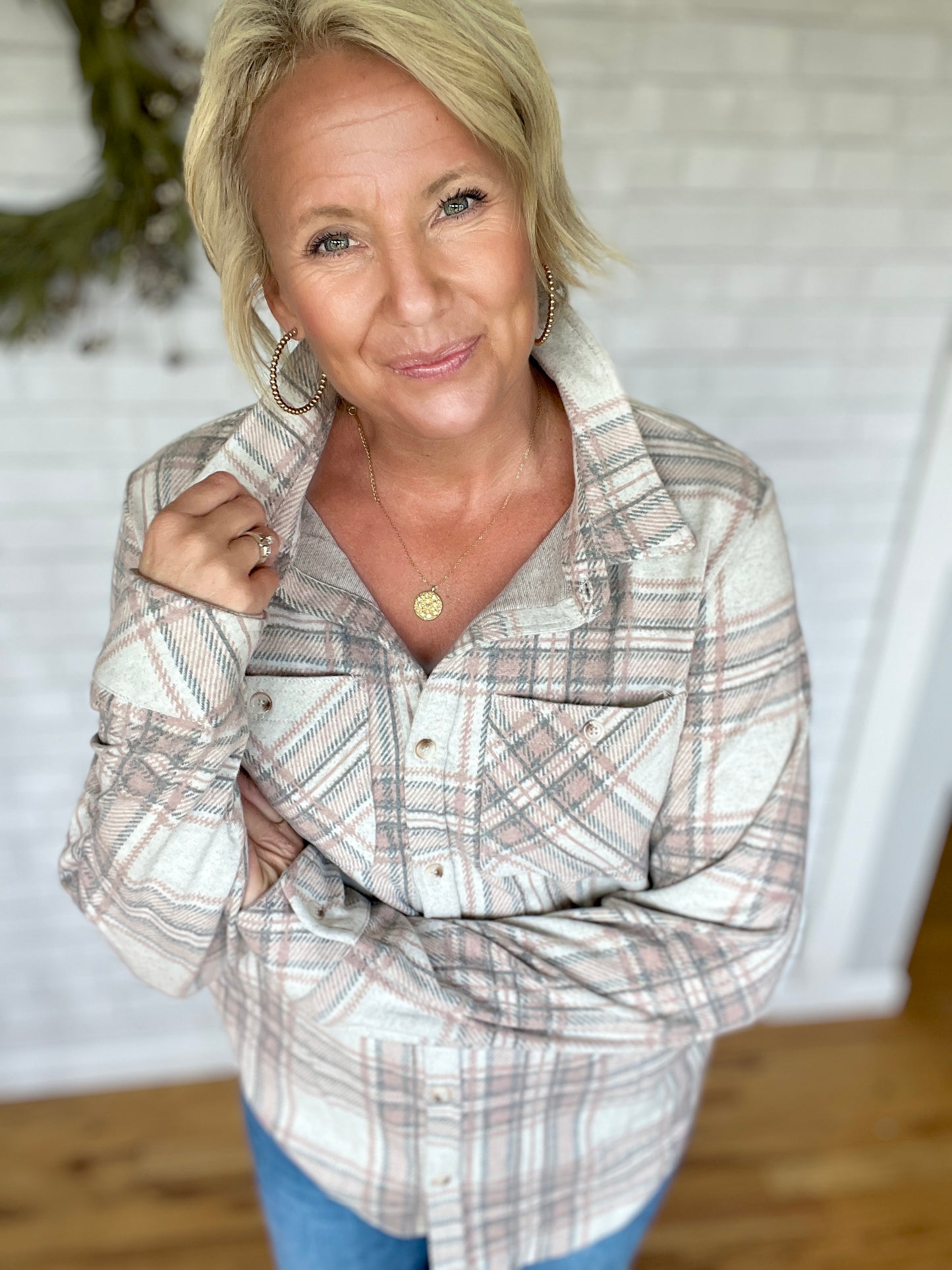 Super Soft Button Up - Pink, Grey, & Tan
