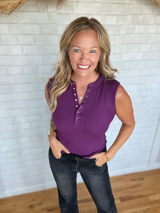 Hadley Henley Tank Top - Purple Iris