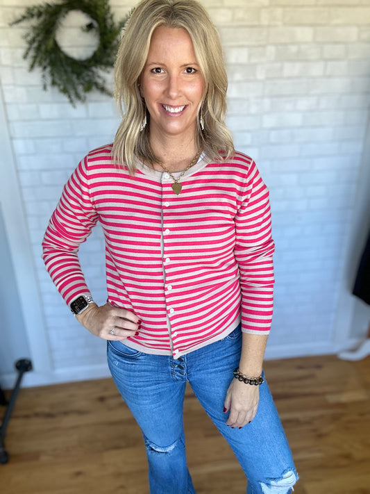 Moira Striped Cardigan - Fuchsia & Taupe