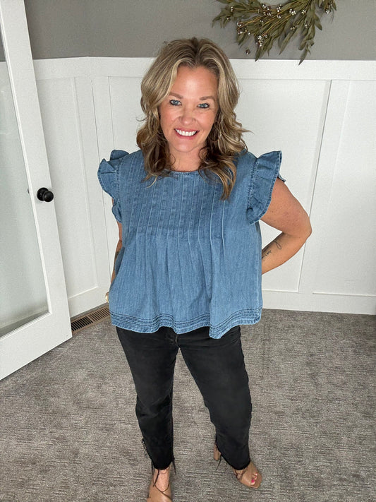 Pleated Denim Top