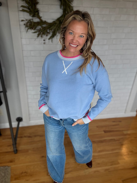 Varsity Trim Sweater - Light Blue