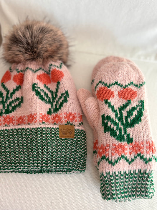 Cherry Patterned Knit Mittens
