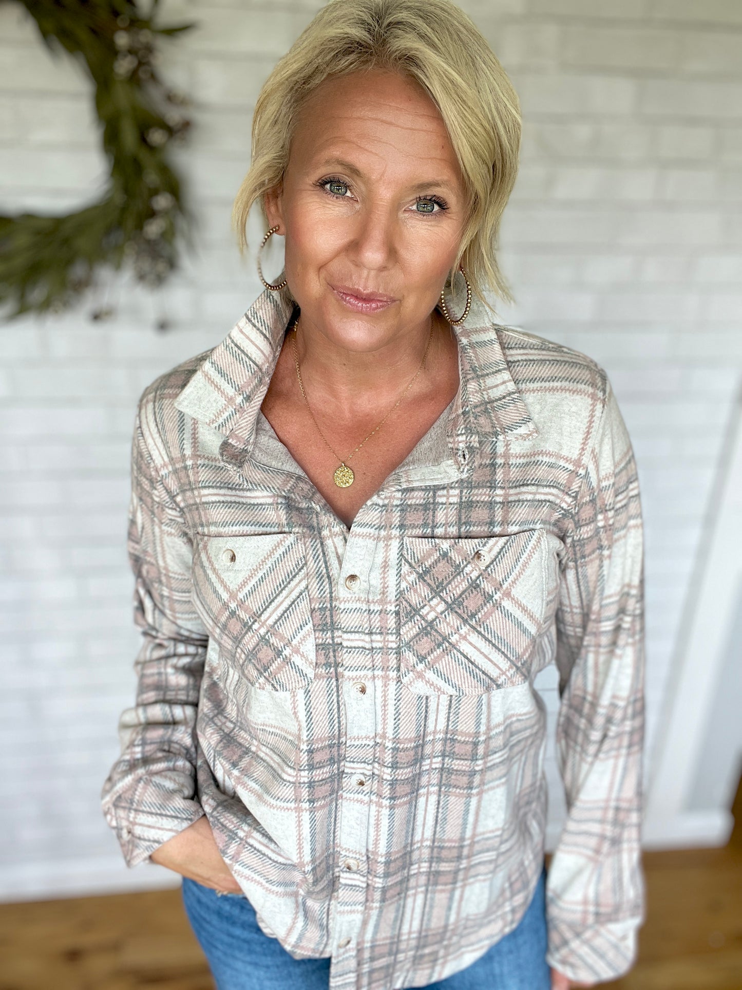 Super Soft Button Up - Pink, Grey, & Tan