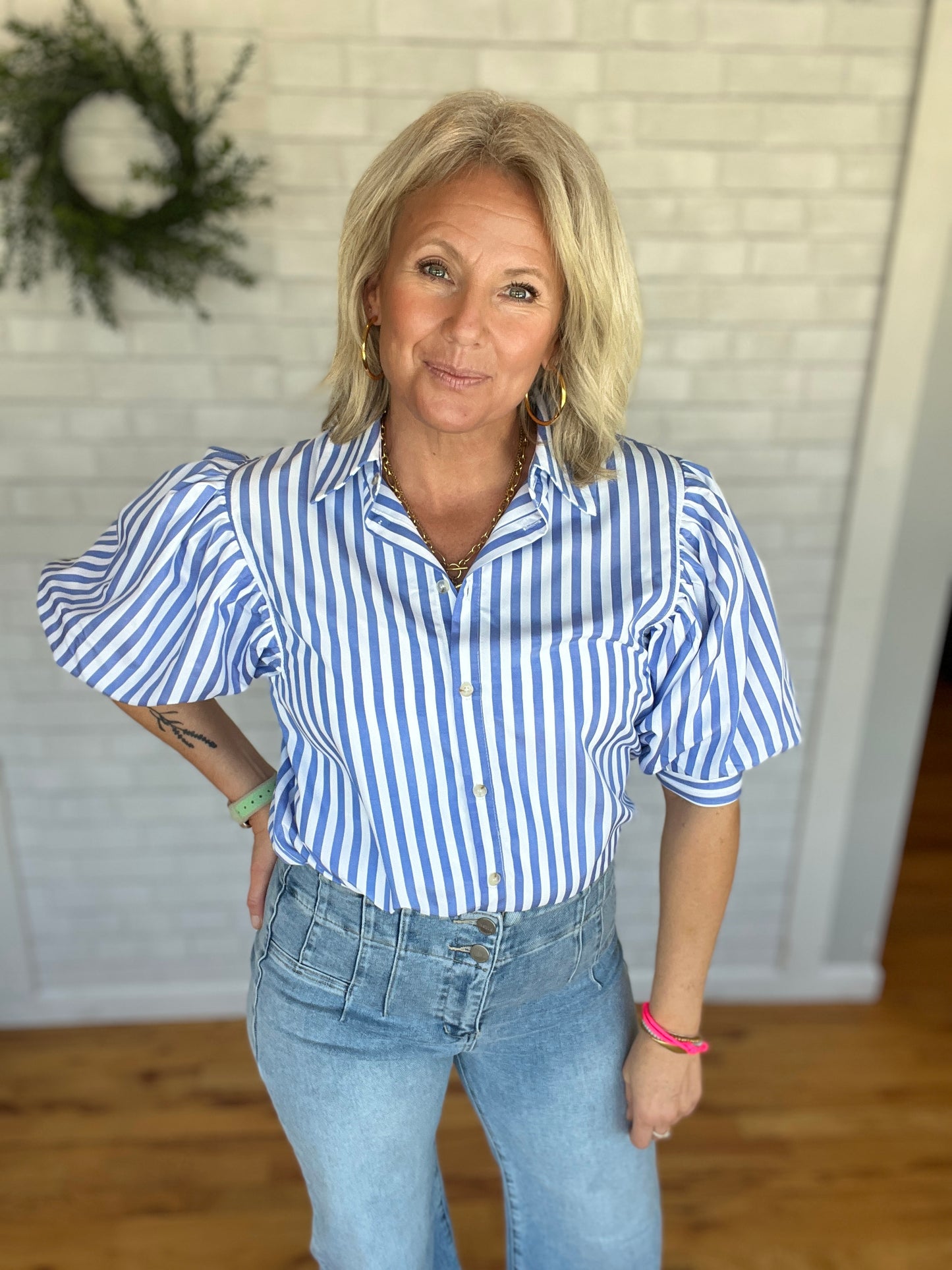 Chic Puff Sleeve Top- Blue Stripe