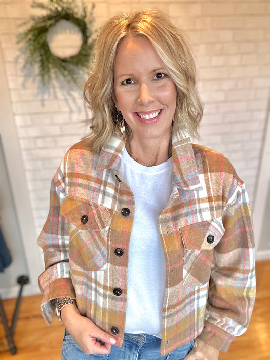 Cropped Shacket - Pink/Mustard/Grey Mix