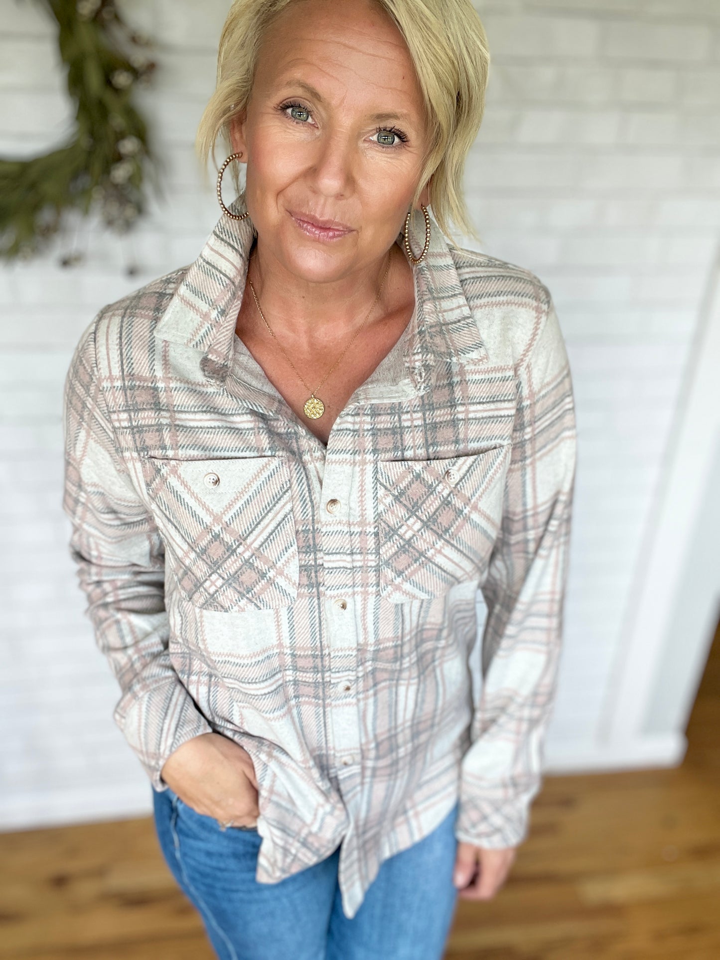 Super Soft Button Up - Pink, Grey, & Tan