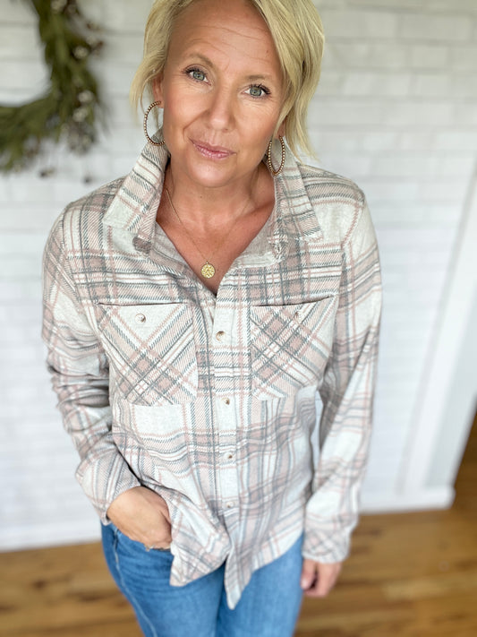 Super Soft Button Up - Pink, Grey, & Tan