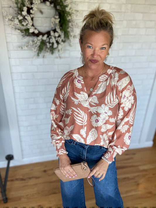 Gathered Back Floral Top - Coral