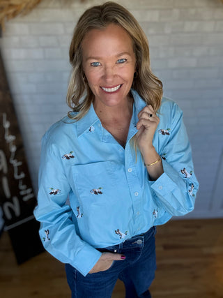 Quinn Sky Blue Mallard Embroidered Button-Up