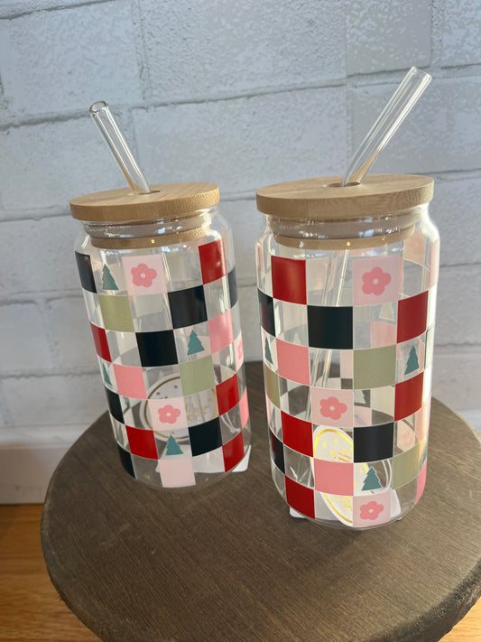 Holiday Glass Cup with Wood Lid and Straw
