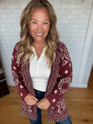 Bandana Fringe Cardigan - Burgundy - A Bushel & A Peck