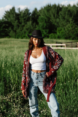 Bandana Fringe Cardigan - Burgundy - A Bushel & A Peck
