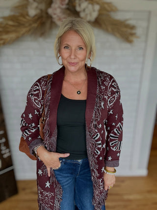 Bandana Fringe Cardigan - Burgundy - A Bushel & A Peck