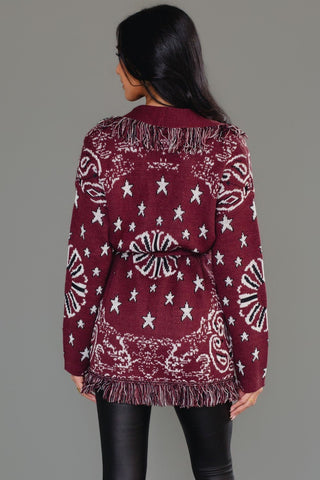Bandana Fringe Cardigan - Burgundy - A Bushel & A Peck