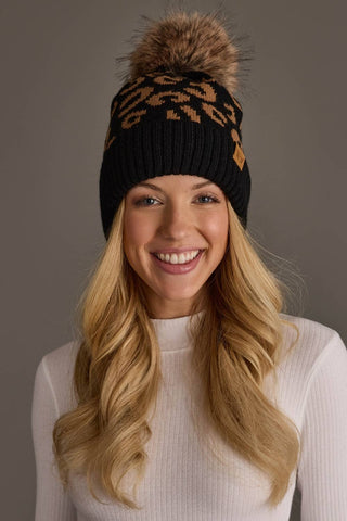 Black Leopard Pattern Knit Pom Hat - A Bushel & A Peck