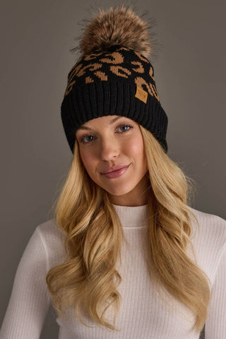 Black Leopard Pattern Knit Pom Hat - A Bushel & A Peck
