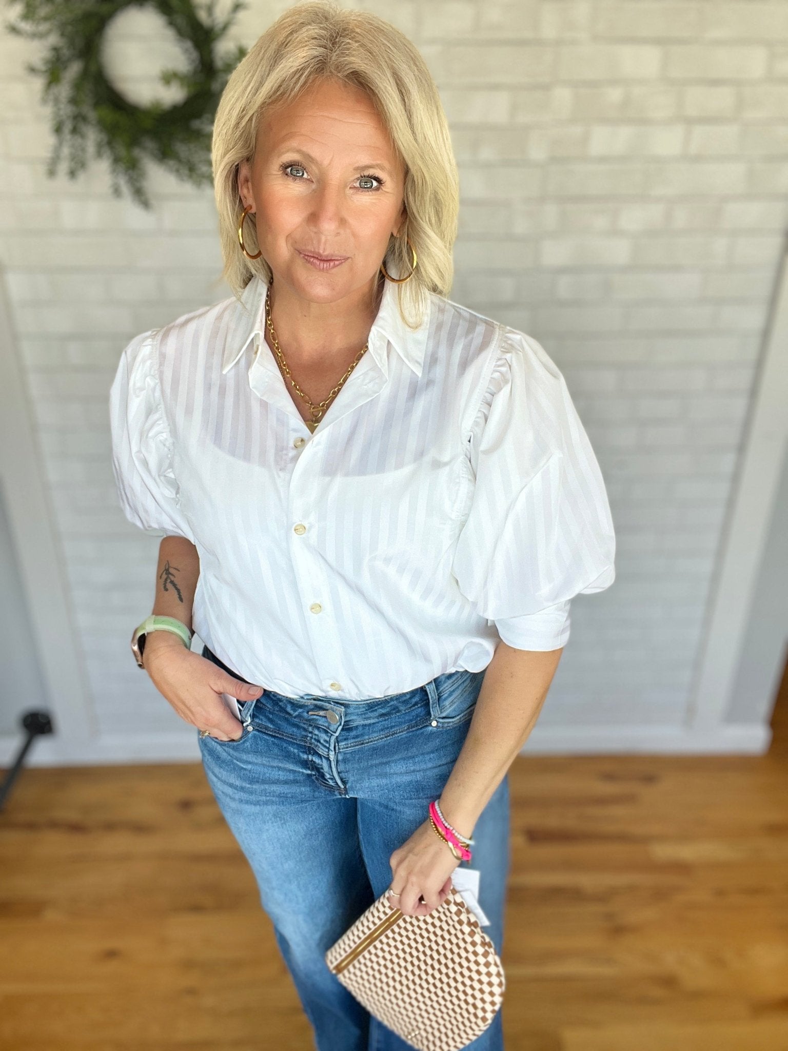 Chic Puff Sleeve Top - White Stripe - A Bushel & A Peck