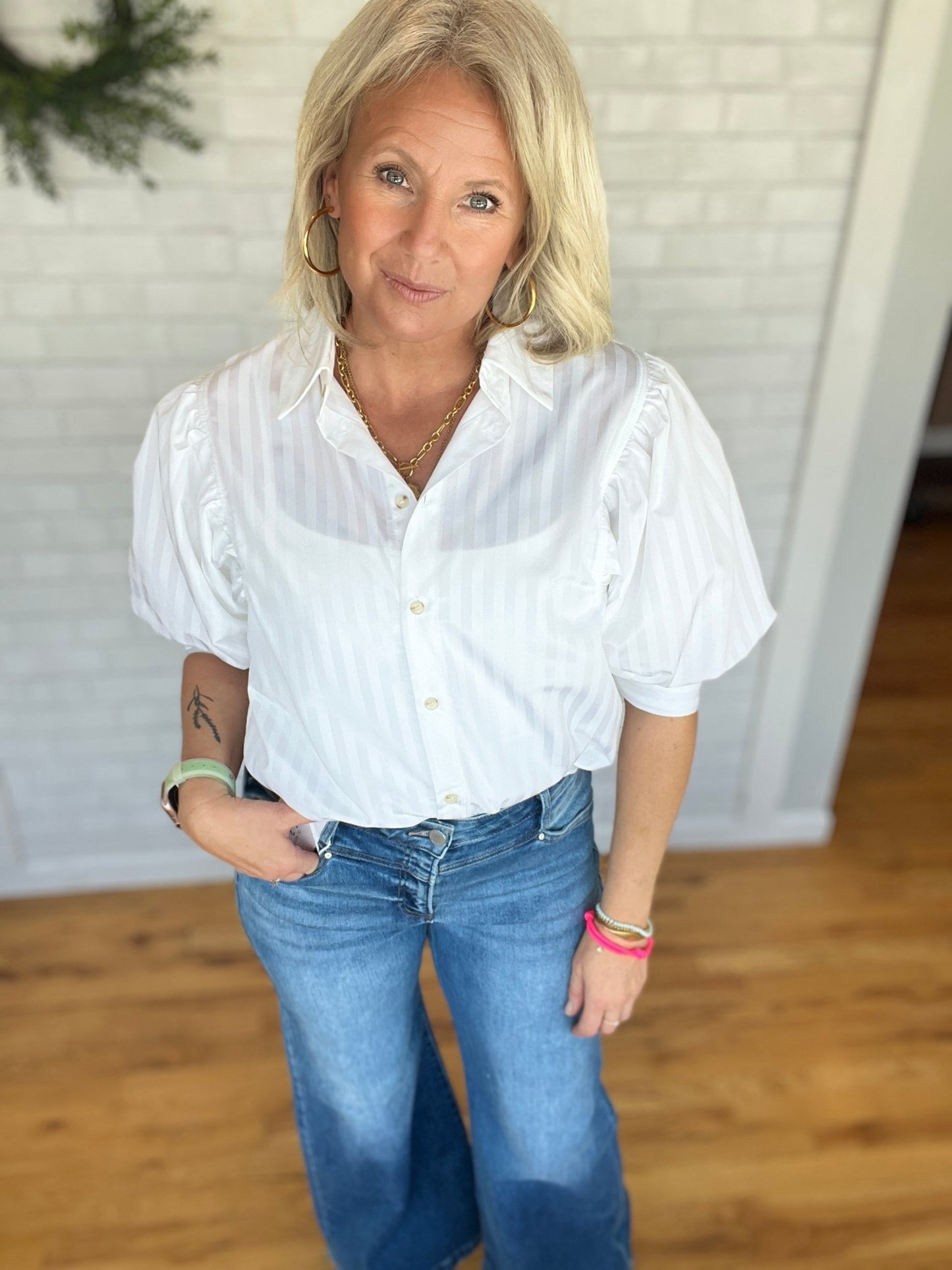 Chic Puff Sleeve Top - White Stripe - A Bushel & A Peck