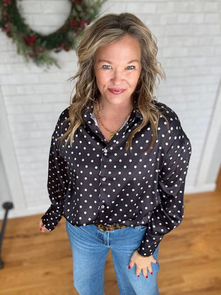 Dotted Satin Blouse - Black - A Bushel & A Peck