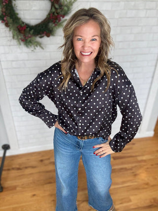Dotted Satin Blouse - Black - A Bushel & A Peck