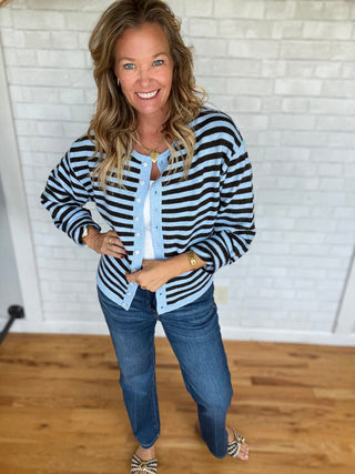 Dover Cardigan- Blue Brown Stripe - A Bushel & A Peck