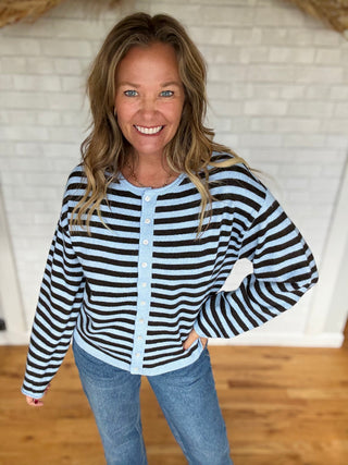 Dover Cardigan- Blue Brown Stripe - A Bushel & A Peck