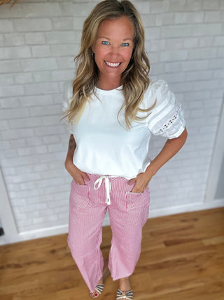 Drawstring Stripe Pants- Red - A Bushel & A Peck