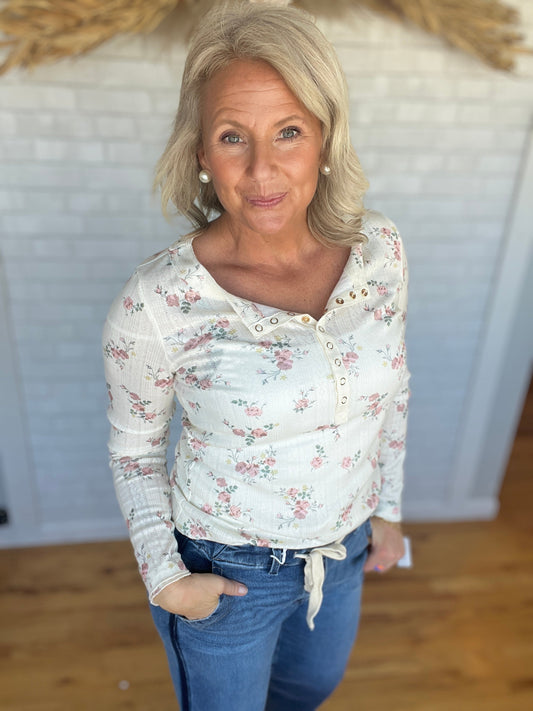 Floral Henley Top - Dusty Rose - A Bushel & A Peck