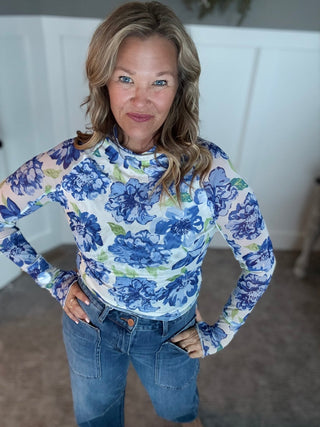 Floral Mesh Top - Blue - A Bushel & A Peck