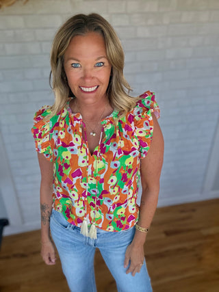 Floral Ruffle Sleeve Top - A Bushel & A Peck