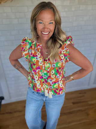Floral Ruffle Sleeve Top - A Bushel & A Peck
