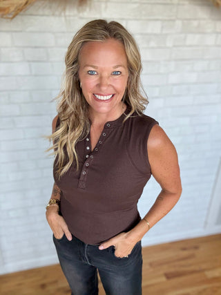 Hadley Henley Tank Top - Coffee Bean - A Bushel & A Peck