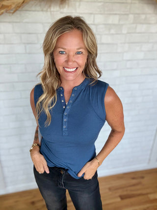 Hadley Henley Tank Top - Ocean - A Bushel & A Peck