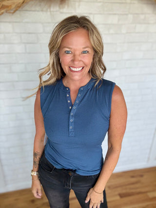 Hadley Henley Tank Top - Ocean - A Bushel & A Peck