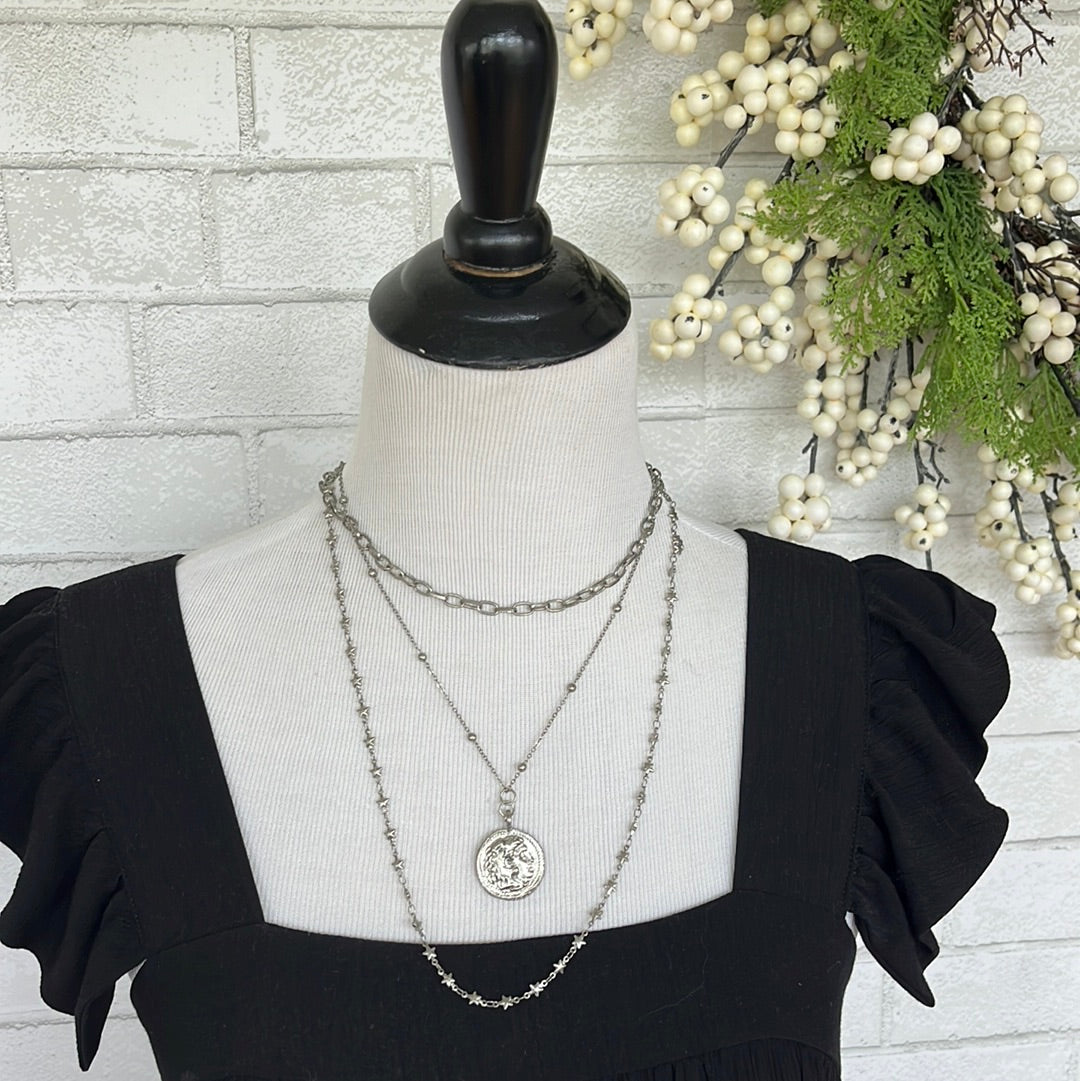 Silver triple layer necklace w/large coin pendant