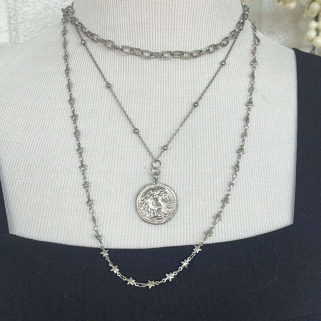 Silver triple layer necklace w/large coin pendant