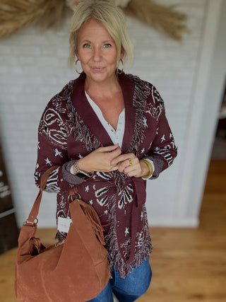 Bandana Fringe Cardigan - Burgundy