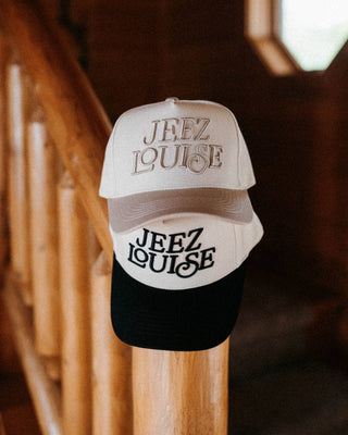 Jeez Louise Unisex Trucker Hat: Black - A Bushel & A Peck