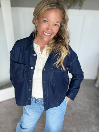 Knit Denim Cropped Shacket - A Bushel & A Peck