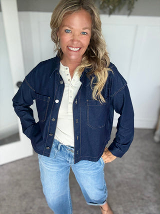 Knit Denim Cropped Shacket - A Bushel & A Peck