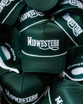 Midwestern Embroidered Trucker Hat - Dark Green & White - A Bushel & A Peck