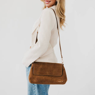Miranda Suede Flap Crossbody: Camel - A Bushel & A Peck
